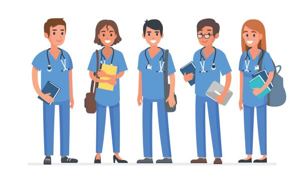 Group of young medical students. Students team. Vector illustration.